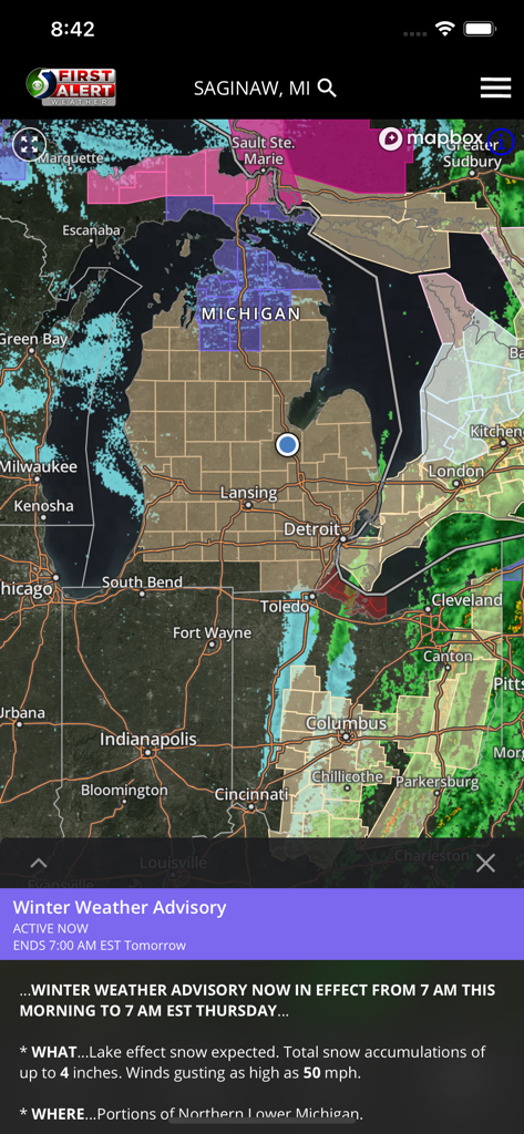 WNEM Weather - WNEM Weather app screenshot showing a winter weather advisory map for Saginaw Michigan