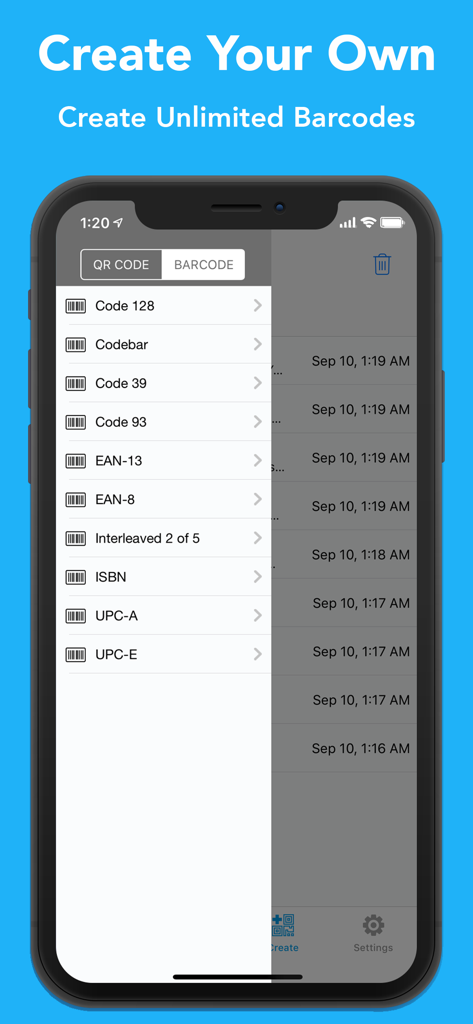 Mobile app screen showing a menu to create various barcode formats including UPC and EAN
