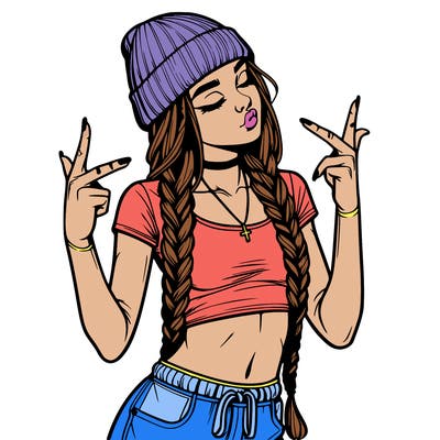 realistic teenage girl with braids and a beanie and crop top doing 🫶🏼