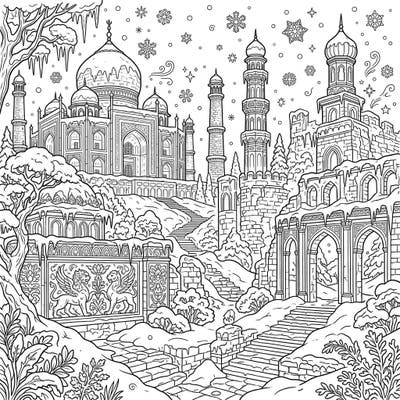 Explore the serene beauty of ancient palaces blanketed in snow and ice with this captivating coloring page. Perfect for anyone who loves history, intricate architecture, and the peaceful charm of a winter wonderland.