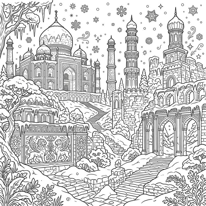 Explore the serene beauty of ancient palaces blanketed in snow and ice with this captivating coloring page. Perfect for anyone who loves history, intricate architecture, and the peaceful charm of a winter wonderland.
