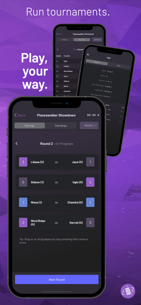 TopDecked MTG - TopDecked MTG mobile app interface showing tournament pairings and player standings