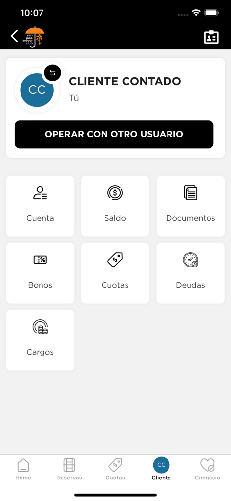 San Jose Indoor Club - The account management dashboard of the San Jose Indoor Club app showing user fees and balance.