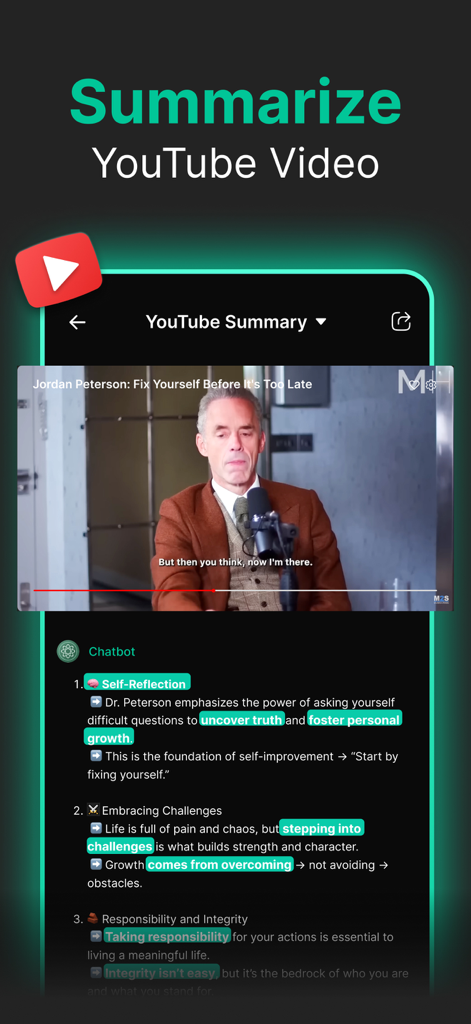 AI Chatbot 4 - Chat with AI - AI Chatbot 4 interface summarizing a YouTube video into key bullet points