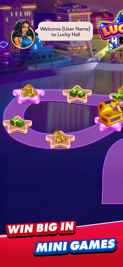 Spades Plus mini games path in Lucky Hall showing coin and cash prizes.