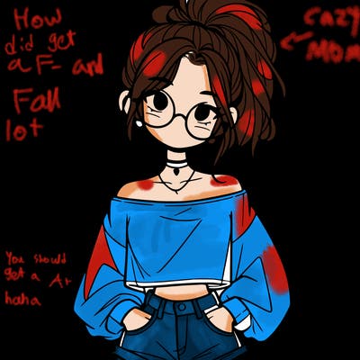 girl with a messy ponytail glasses a baggy crop top and jean shorts