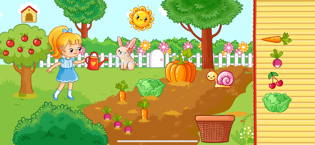 Farm animal pet games for kids - Una niña de dibujos animados riega un conejo en un jardín de granja con verduras y árboles frutales.