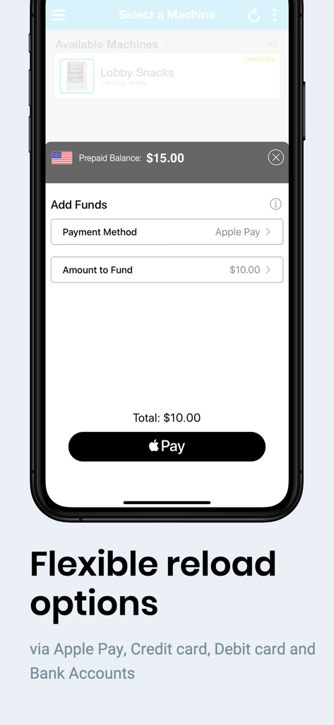 PayRange - PayRange App-Bildschirm, der flexible Optionen zum Aufladen von Guthaben anzeigt, einschließlich Apple Pay