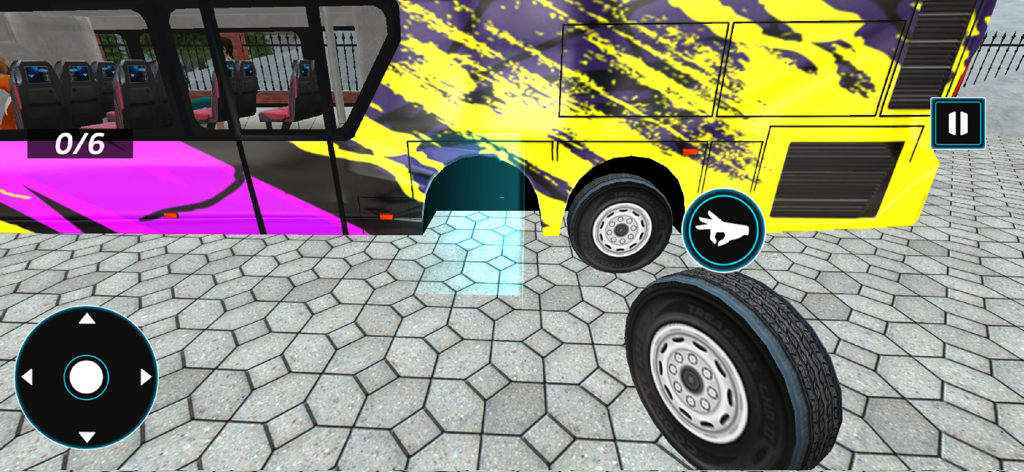 A gameplay screenshot showing a player repairing a missing wheel on a bus in the Crew Bus Driving Games 2025 simulator.