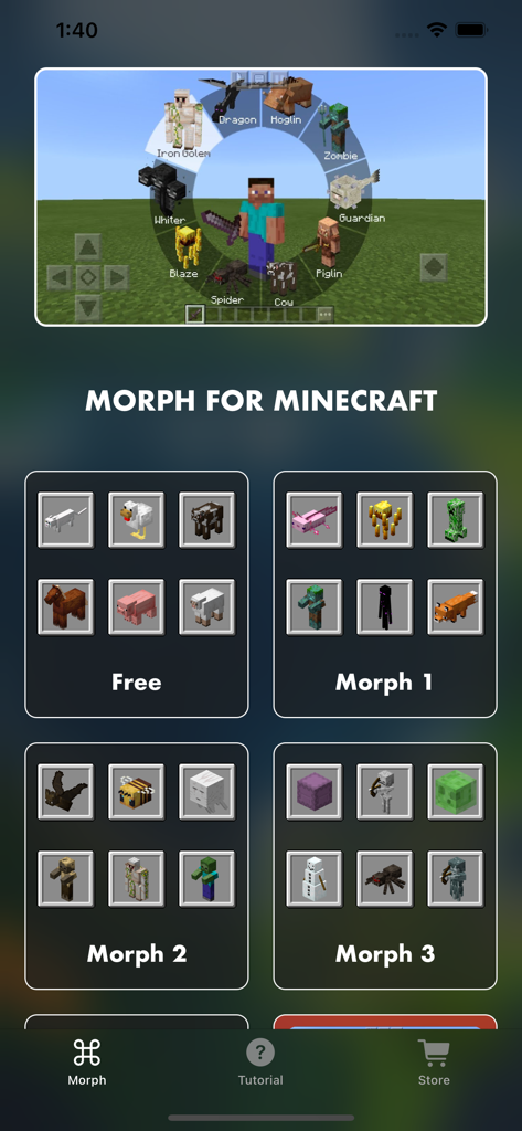 Interface for choosing and downloading Minecraft mob morphs like Ender Dragon and Axolotl