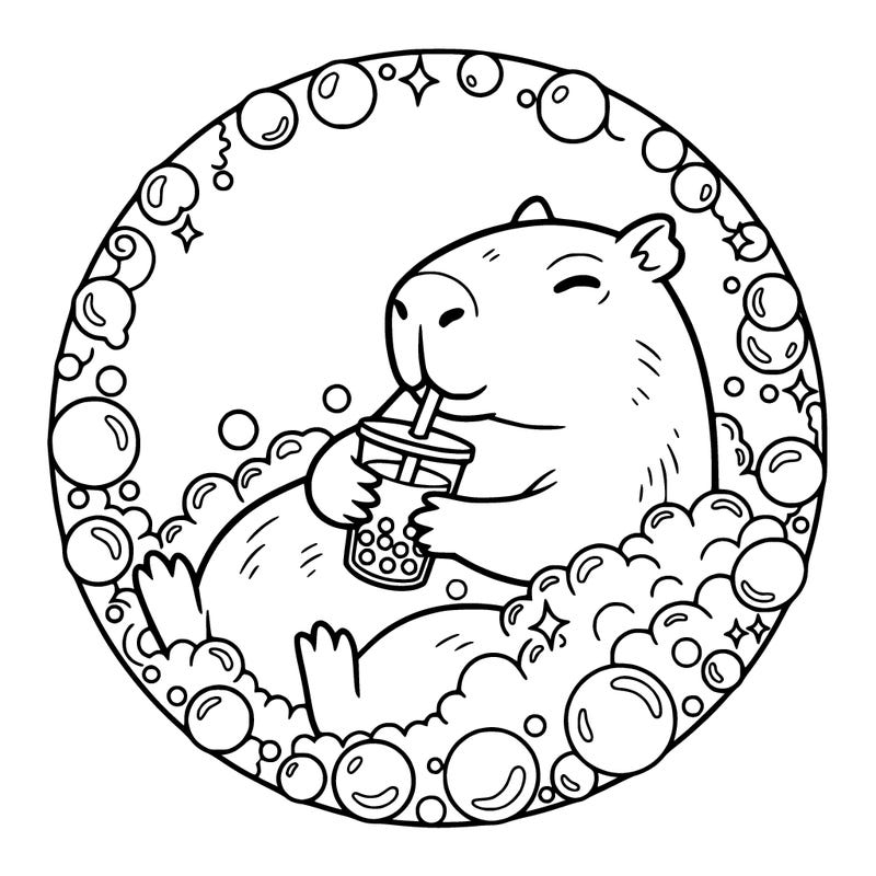 a cute capybara is relaxing in a bubble bath and drinking a delicious drink. create your own style, choose colors, and make her mood chill and cozy. 🧋🛁✨