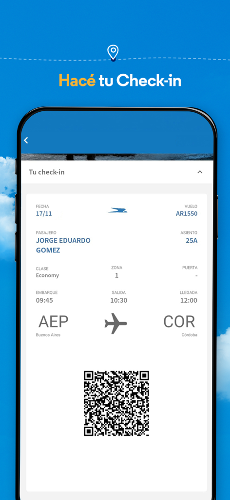 Schermata della carta d'imbarco mobile nell'app Aerolíneas Argentinas con dettagli del volo e codice QR