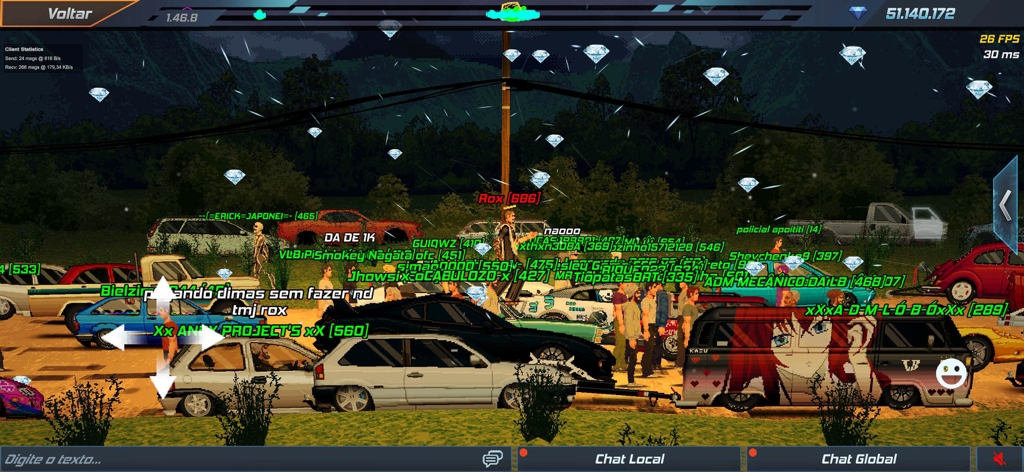 Estilo BR: Online Drag Racing - Una gran congregación de jugadores y sus autos personalizados de arte pixelado en un entorno de reunión de autos online dentro del juego Estilo BR.