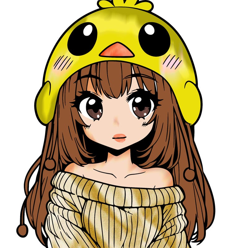 anime girl with chick shaped hat with sweater with bare shoulders with bangs covering them one eye with low tail