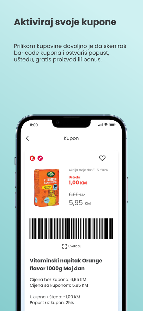 Pantalla de la aplicación Pika Kartica BiH que muestra un cupón digital para una bebida de vitamina de naranja con código de barras y descuento de precio