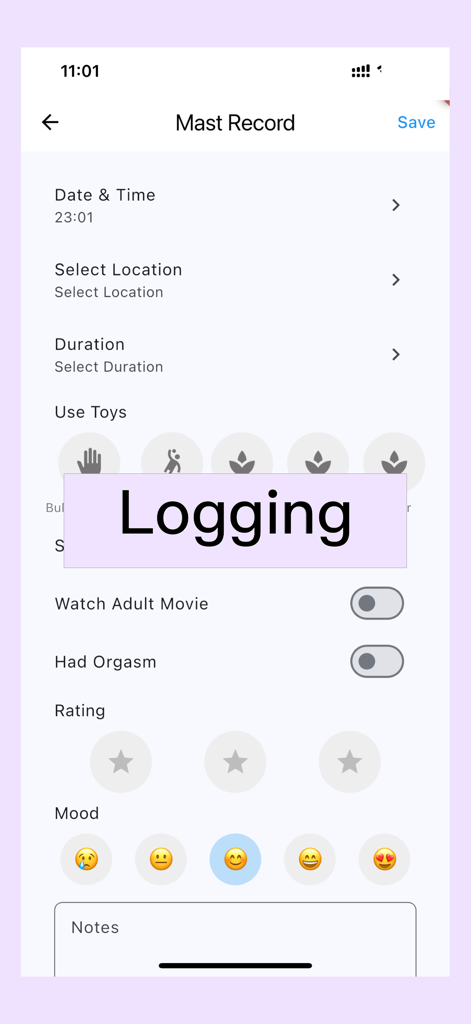 Sexual Calendar Premium - Interfaz de la aplicación Calendario Sexual Premium que muestra una pantalla de registro detallada para rastrear actividades íntimas con campos para duración, estado de ánimo y calificaciones.