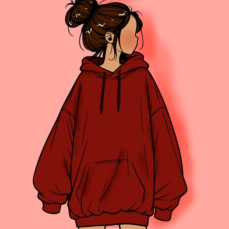 realistic girl with a oversized sweatshirt on and a bun
