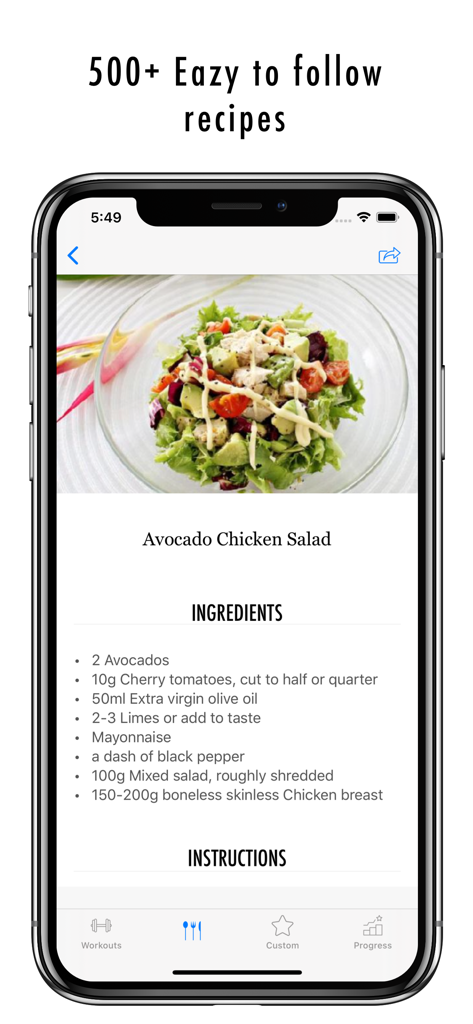 FitHer - Workout for Women - FitHer app interface showing a healthy avocado chicken salad recipe with a list of ingredients