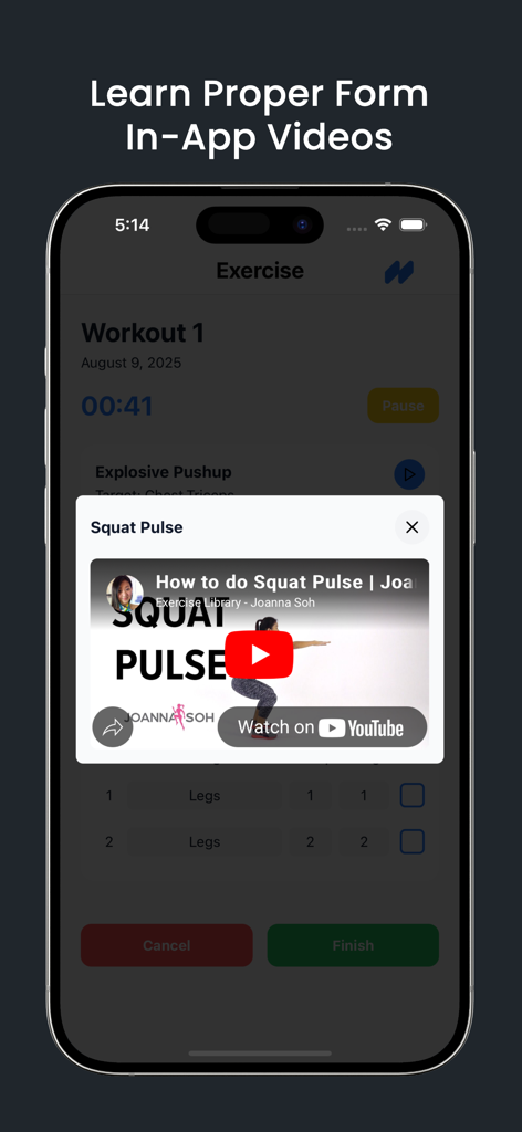 FitEase app interface showing an in-app video tutorial for correct squat pulse form during a workout session.
