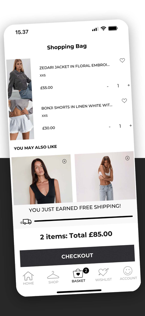 Motel Rocks - Shopping bag screen in the Motel Rocks app showing items for checkout and a free shipping notification