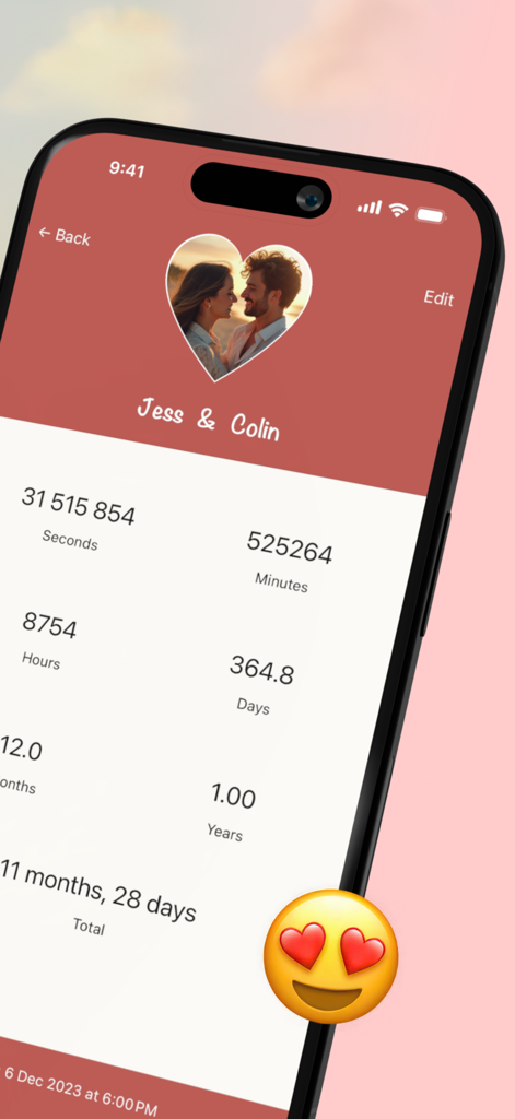 Love Counter - Dating Tracker - Relationship tracker app screen showing time together in seconds, minutes, and days for a couple.
