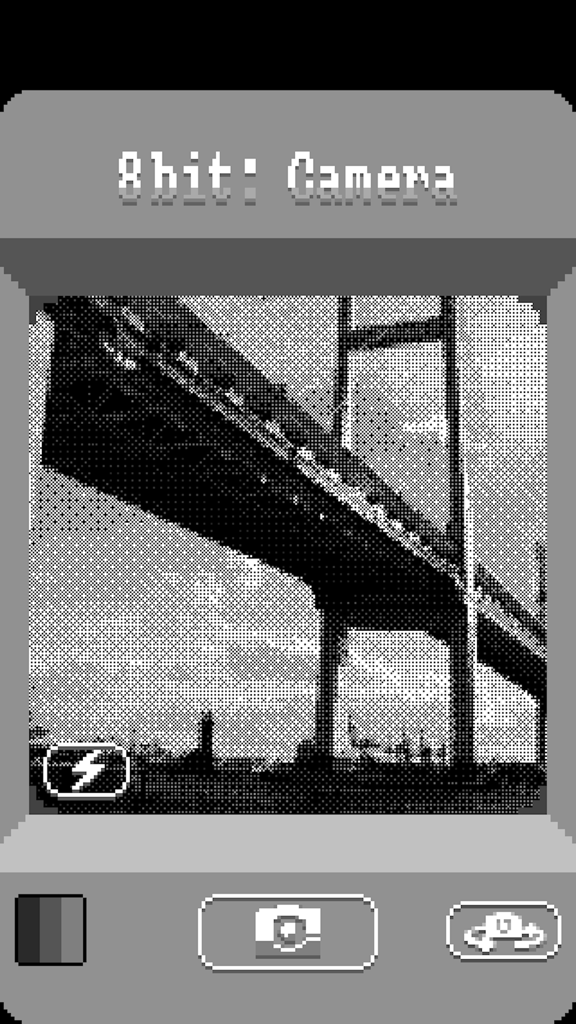 8bit: Camera - 8bit Camera app interface featuring a pixelated grayscale photo of a suspension bridge in a retro gaming style