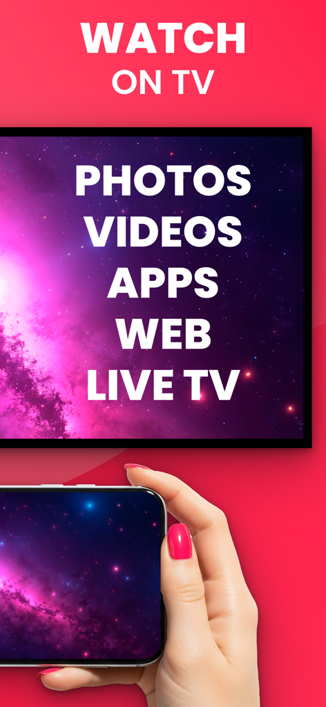 Pantalla de un teléfono inteligente transmitiendo su pantalla a la pantalla de un televisor que muestra opciones de fotos y videos