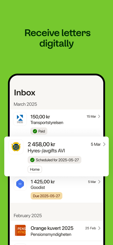 Kivra - Kivra app screen showing a digital inbox with various letters and payment statuses