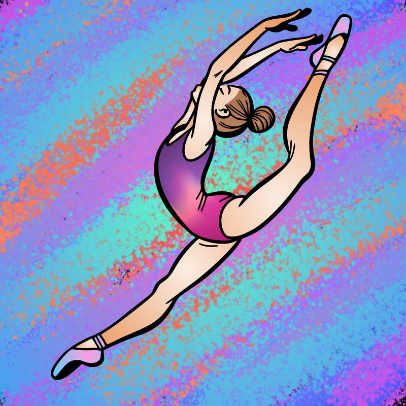 gymnast doing a leap in a leotard with a bent back leg
