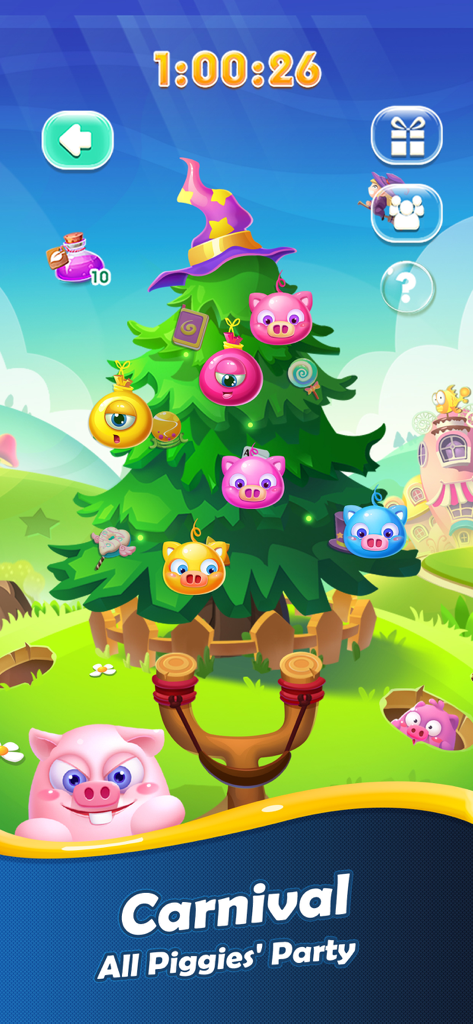 Piggy Boom - Piggy Boom mobile game screenshot showing the Carnival All Piggies Party event with a decorated tree and pig ornaments