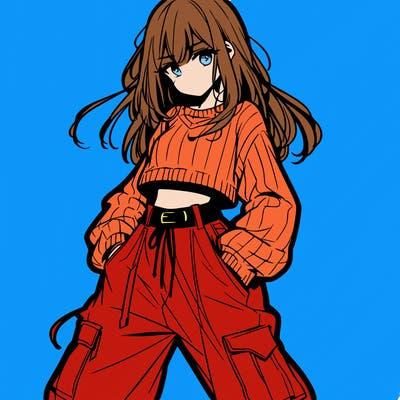 anime teen girl with baggy pants and crop top with sweater