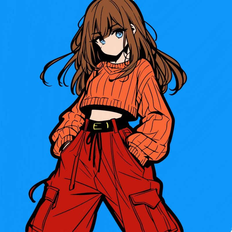 anime teen girl with baggy pants and crop top with sweater