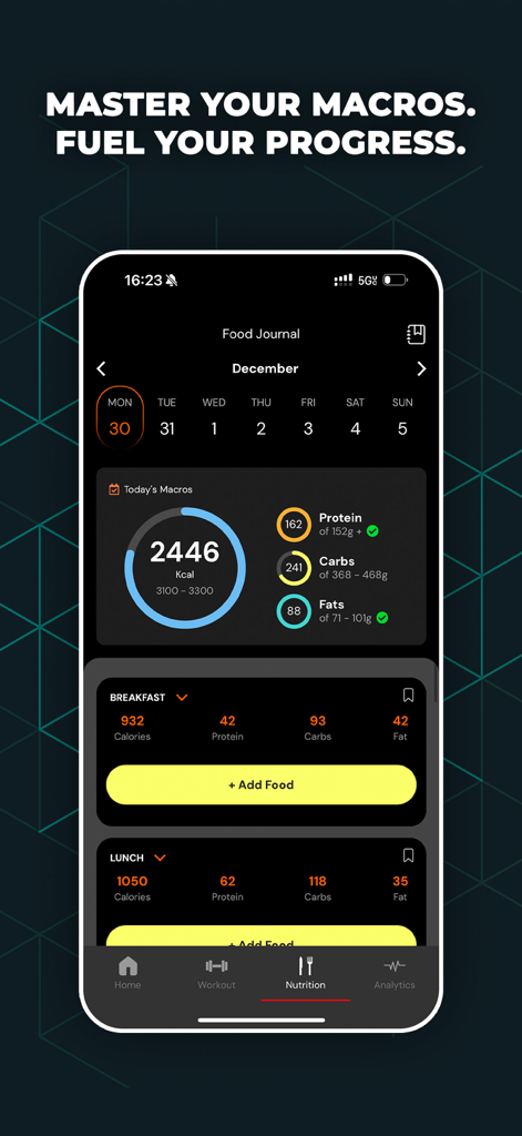 BEASTLY: Build Muscle Fast - A nutrition dashboard in the BEASTLY app showing daily calorie goals and macro tracking for protein carbs and fats