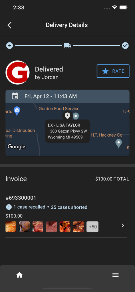 Gordon Now - Gordon Now app interface showing delivery status and invoice summary