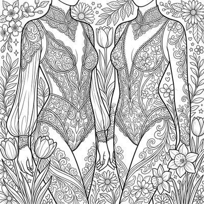 Dive into the beauty of spring with our exquisite adult coloring page featuring intricately designed bodysuits. Adorned with delicate lace and blooming floral motifs, this page offers a serene and engaging coloring experience.