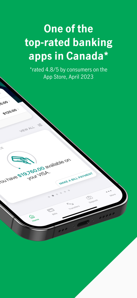 Manulife Bank Mobile app screenshot showing a smartphone interface with credit card balance and top-rated consumer status in Canada
