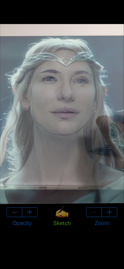 Vermeer's Lens: AR Drawing - A user sketching a portrait of Galadriel onto paper using the Vermeer's Lens AR drawing app overlay