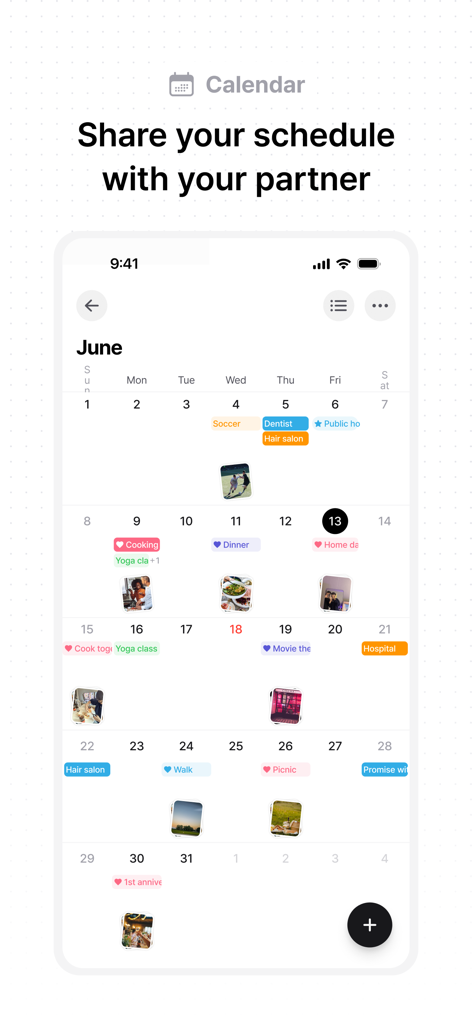 Lubble app monthly calendar view displaying a couple's shared schedule with event stickers and photos.
