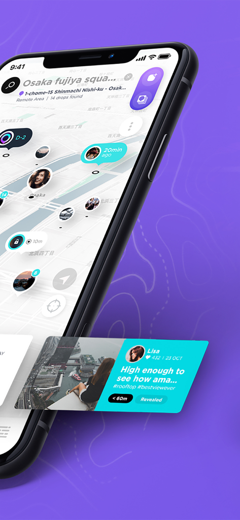 A smartphone displaying the drift-app map interface with location-based digital drops and user stories.