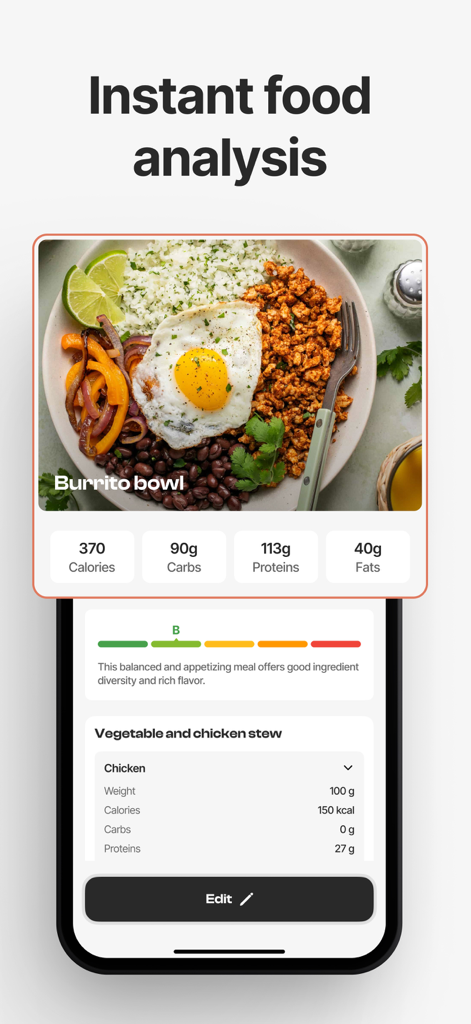 Nutrition AI 앱 화면에 부리토 볼 식사 사진에 대한 즉각적인 음식 분석 및 건강 점수가 표시됩니다.