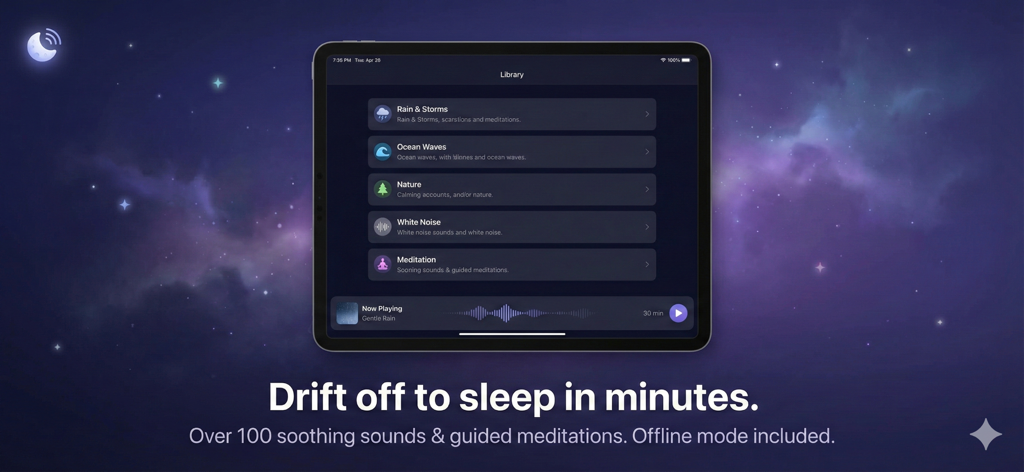 Sleepo: Sleep Sounds & Relax - An iPad displaying the Sleepo app sound library with categories like rain ocean waves and white noise over a starry background
