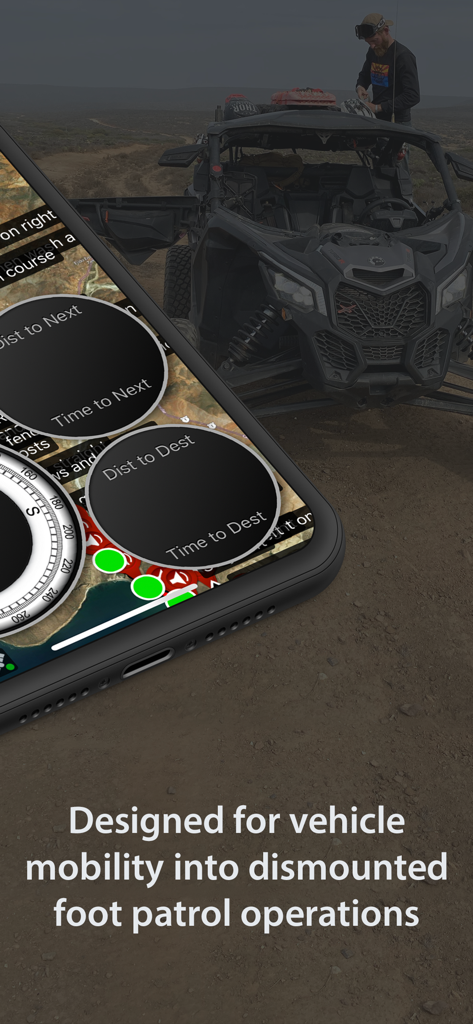 LeadNav GPS app interface showing navigation metrics next to an off road vehicle