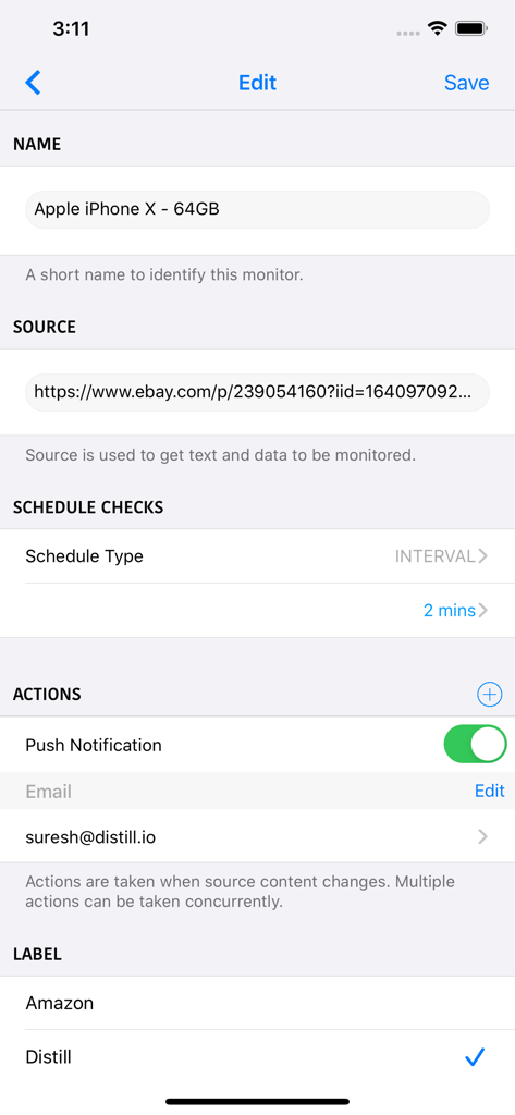 Interface of the Distill Web Monitor app showing the edit screen for an eBay product alert with a 2-minute check interval.