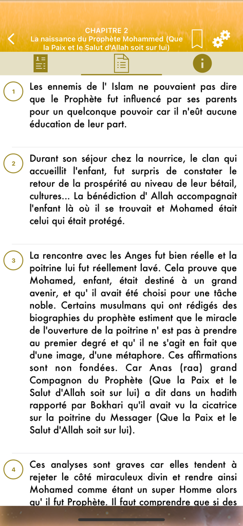 Interfaz de lectura de la aplicación As-Sira que muestra un capítulo en francés sobre el nacimiento del Profeta Mahoma.