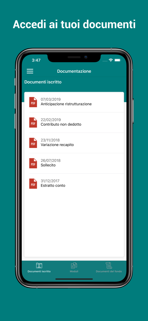 PreviAmbiente - Schermata dello smartphone che mostra la sezione documentazione dell'app PreviAmbiente con un elenco di file PDF per i contributi pensionistici e i rendiconti