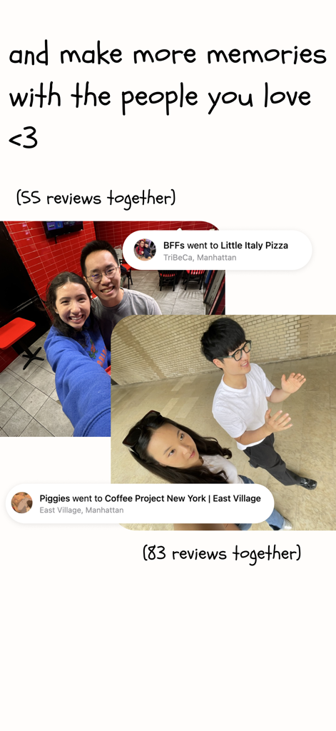 taste :) - A social discovery app interface showing friends sharing memories and restaurant reviews in New York.