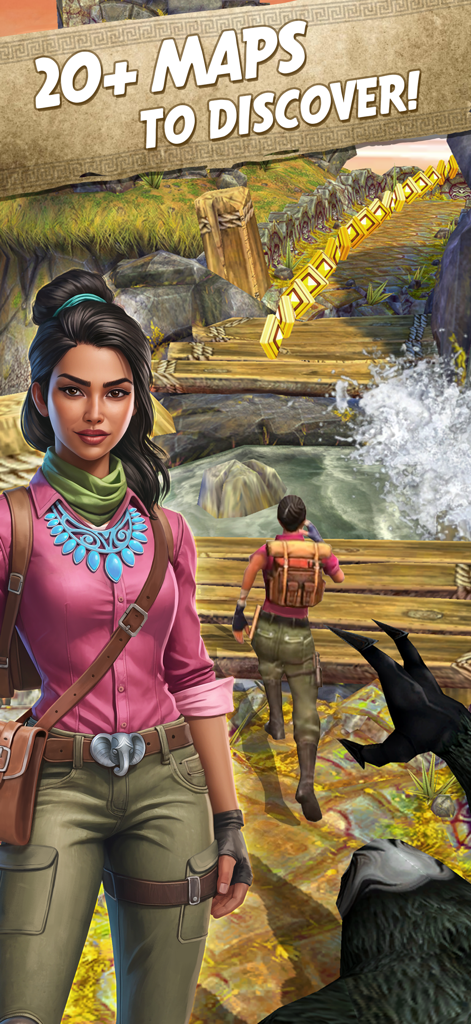 Temple Run 2 mobile game screenshot highlighting multiple maps to discover.