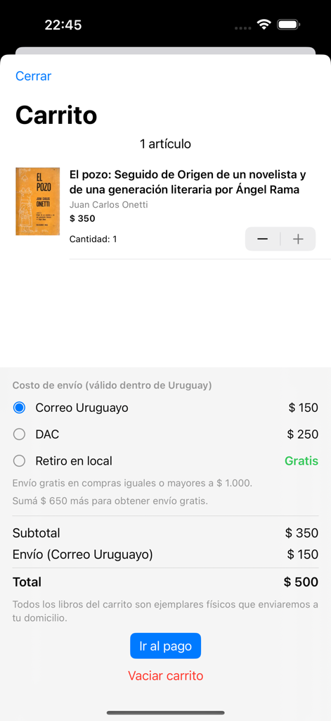 Tremendos Libros - Shopping cart screen in the Tremendos Libros app showing a book titled El pozo by Juan Carlos Onetti with shipping options and total cost.