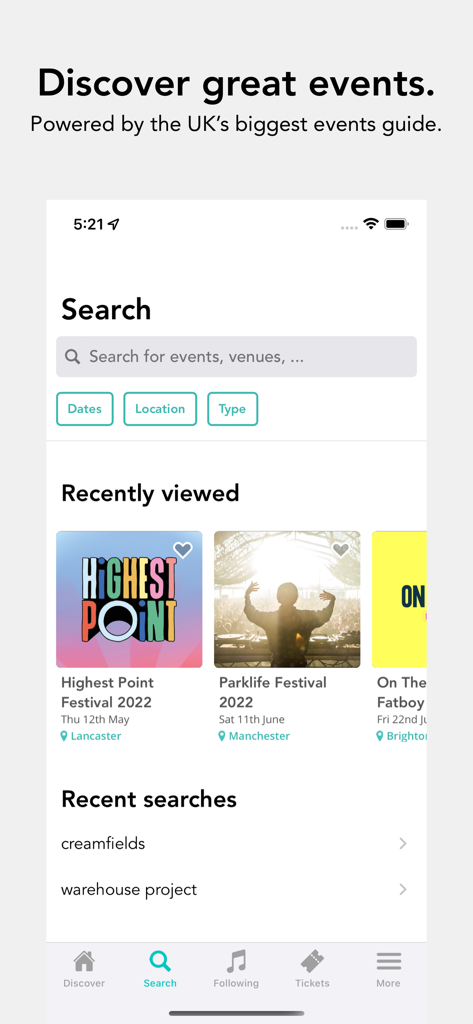 Skiddle: Events and Tickets - Pantalla de búsqueda de la aplicación Skiddle que muestra festivales de música del Reino Unido vistos recientemente y opciones de búsqueda.