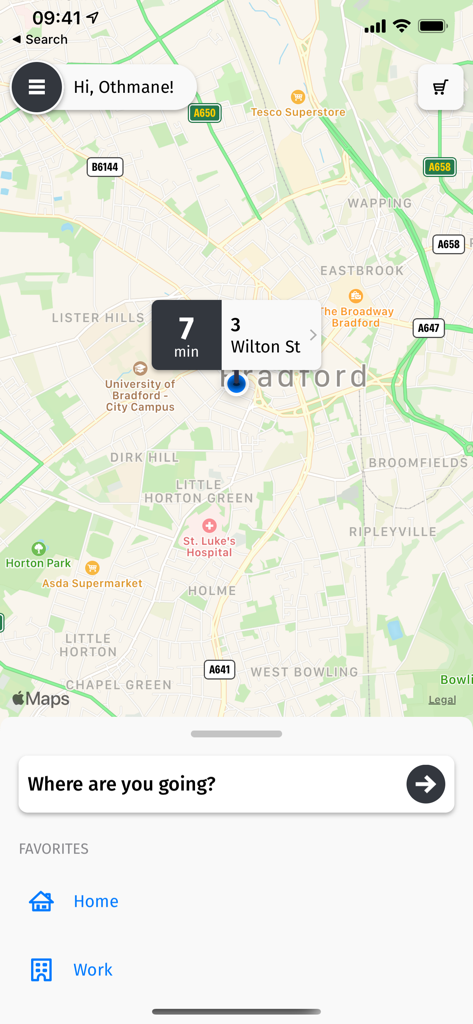 Leap Taxi - Map view in the Leap Taxi app showing estimated pickup time and saved locations